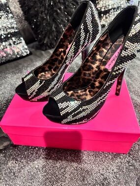 Betsey Johnson Black and Silver Crystal Peep-Toe Stiletto Heels